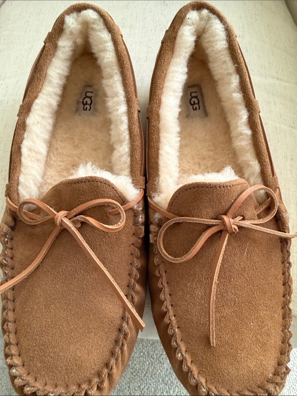 UGG Chestnut Brown Suede Shearling Moccasin Slippers